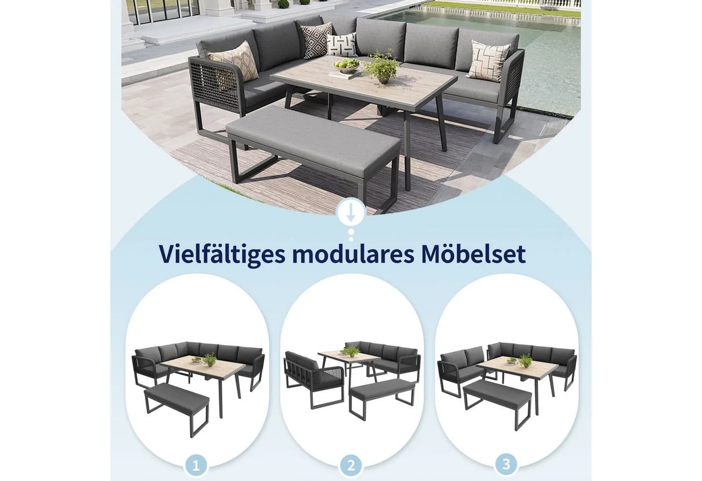 Flieks Gartenlounge-Set 8-Sitzer Grau PE-Rattan - Bild 4