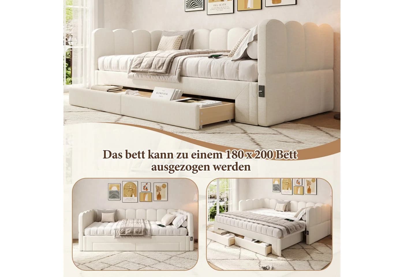 Flieks Daybett 90/180x200cm mit Schubladen & USB - Bild 3