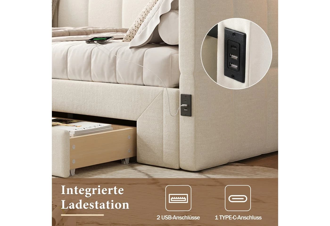Flieks Daybett 90/180x200cm mit Schubladen & USB - Bild 4