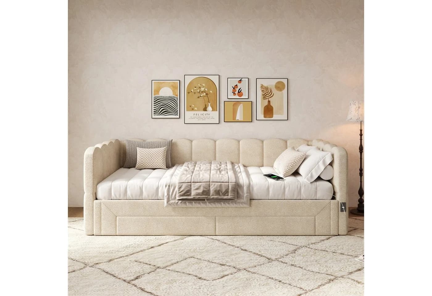 Flieks Daybett Polsterbett Tagesbett 90/180x200cm mit Ausziehbett, 2 Schubladen, USB