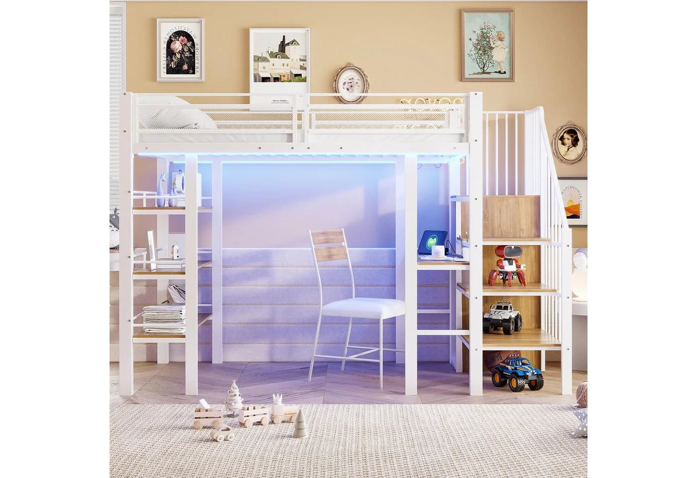 Flieks Hochbett Metall Kinderbett mit LED, Schreibtisch & Regal Weiß