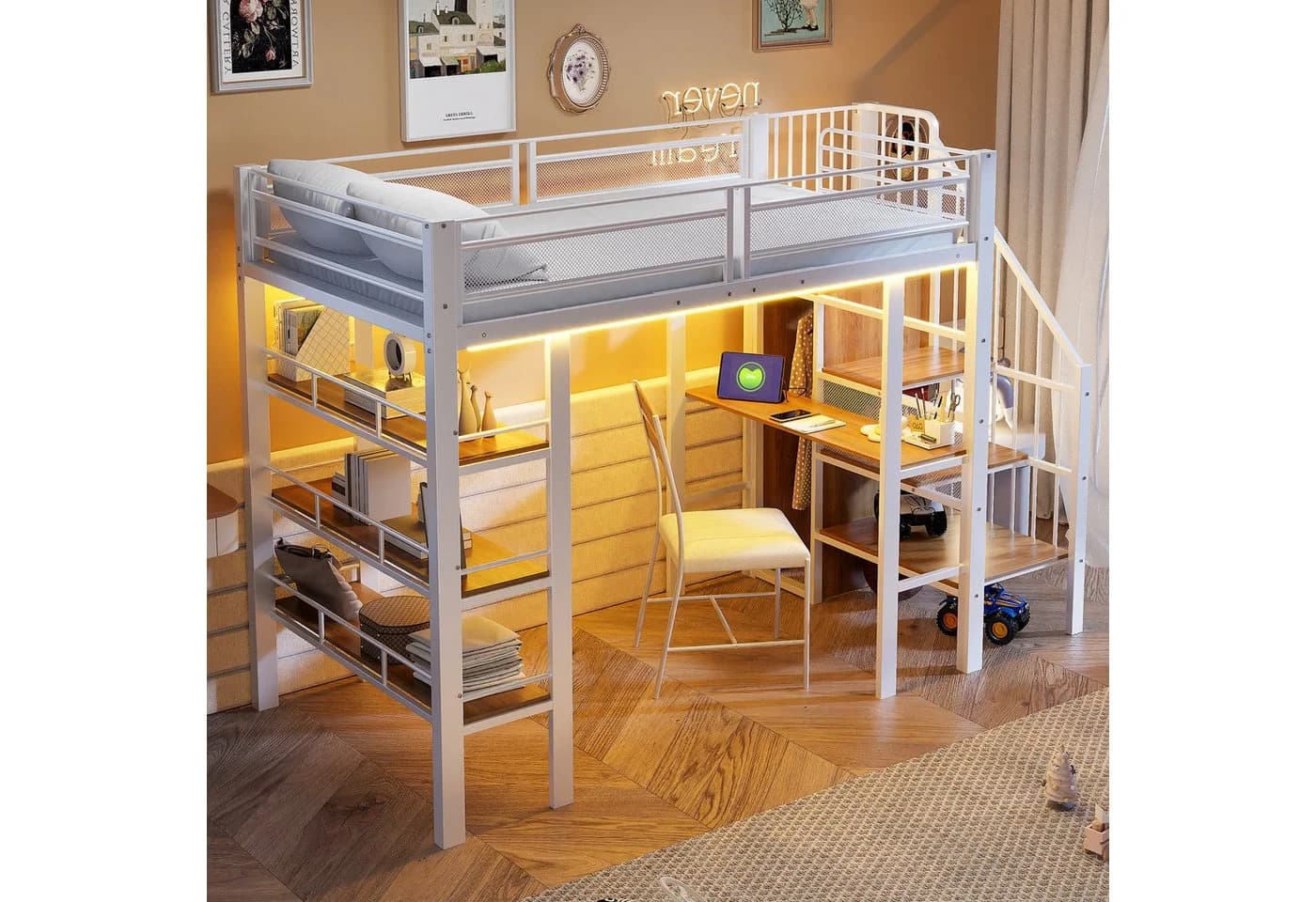 Flieks Hochbett Metall Kinderbett mit LED, Schreibtisch & Regal Weiß - Bild 3