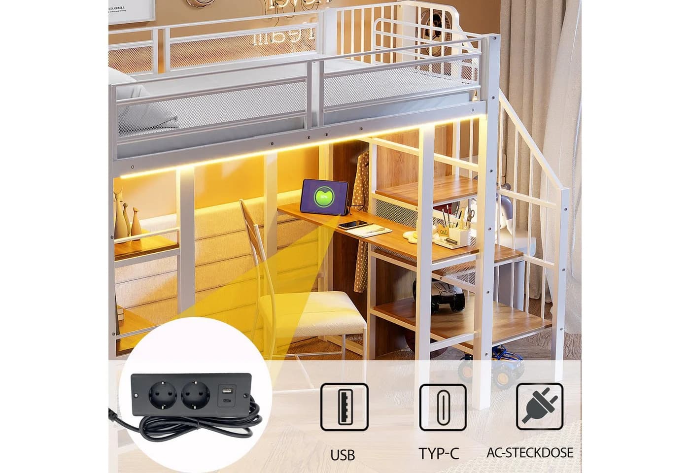 Flieks Hochbett Metall Kinderbett mit LED, Schreibtisch & Regal Weiß - Bild 5