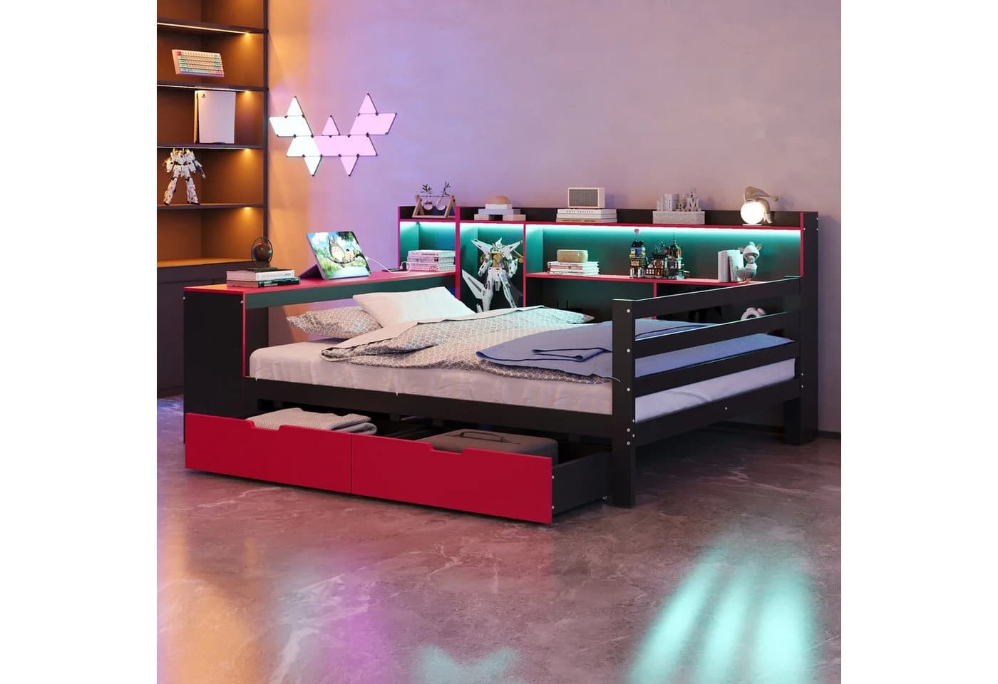 Flieks Daybett mit Schreibtisch, Schubladen & LED Schwarz/Rot - Bild 2