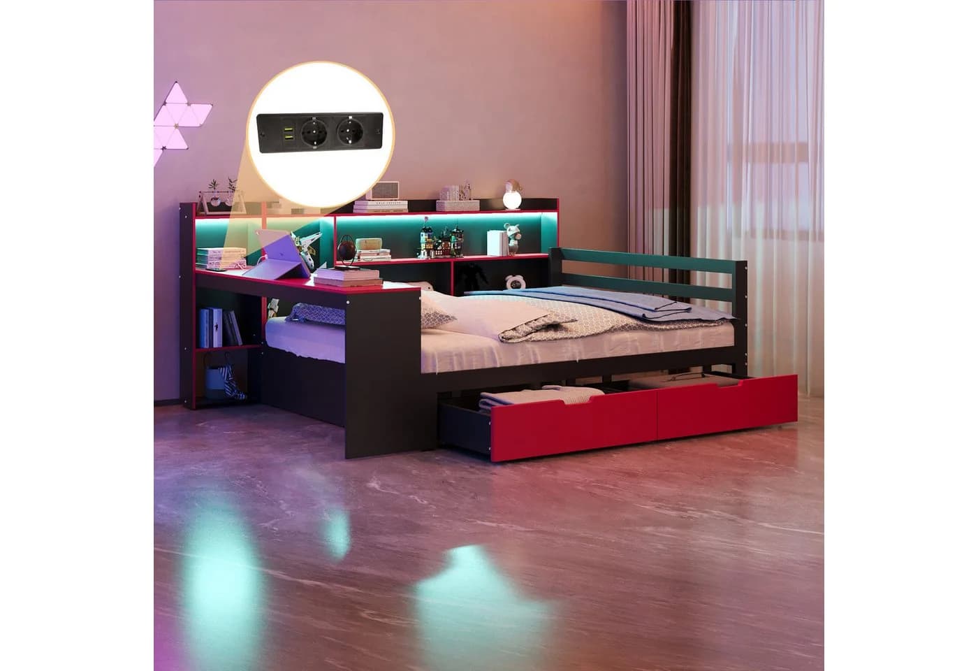 Flieks Daybett mit Schreibtisch, Schubladen & LED Schwarz/Rot - Bild 3