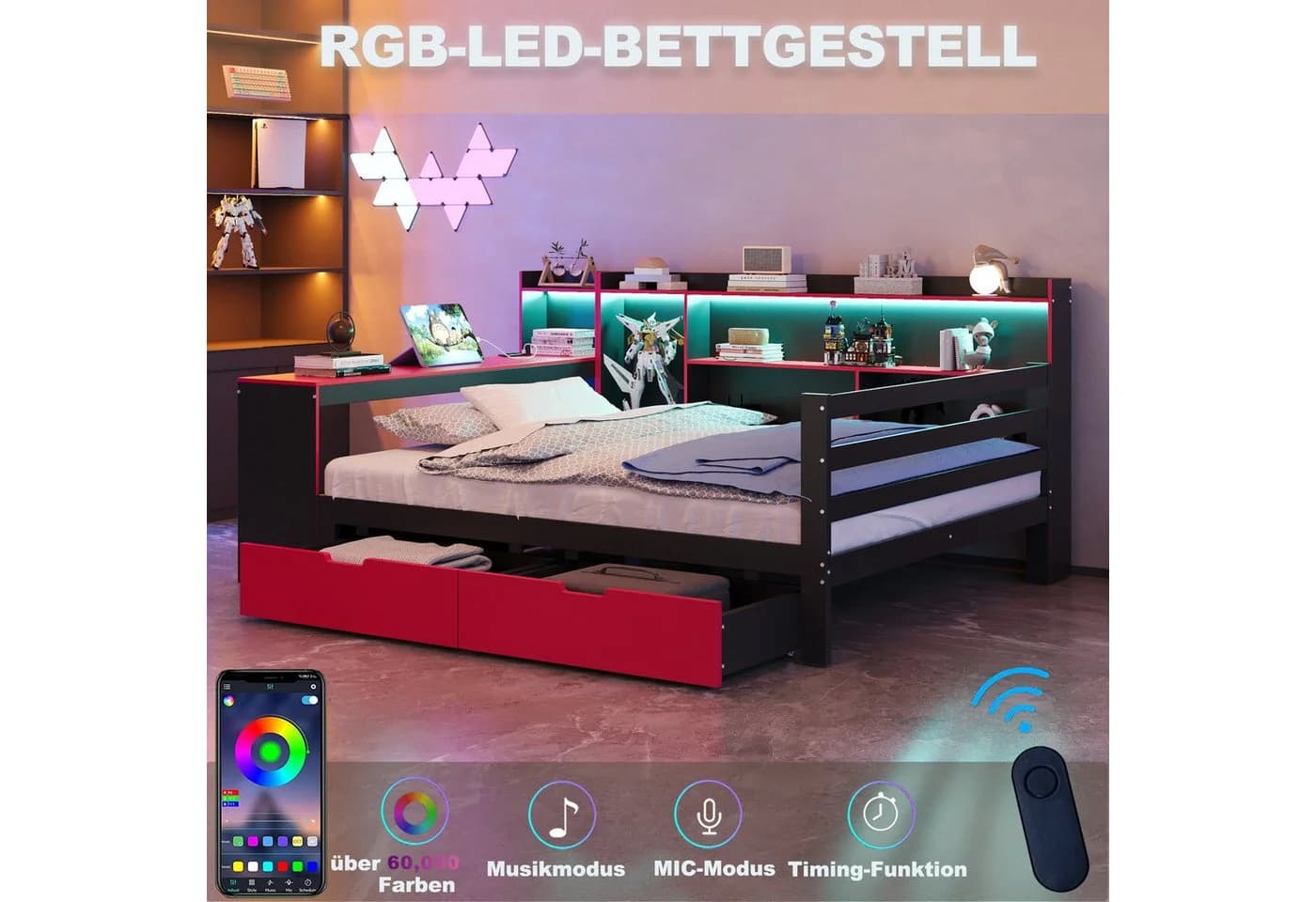 Flieks Daybett mit Schreibtisch, Schubladen & LED Schwarz/Rot - Bild 4