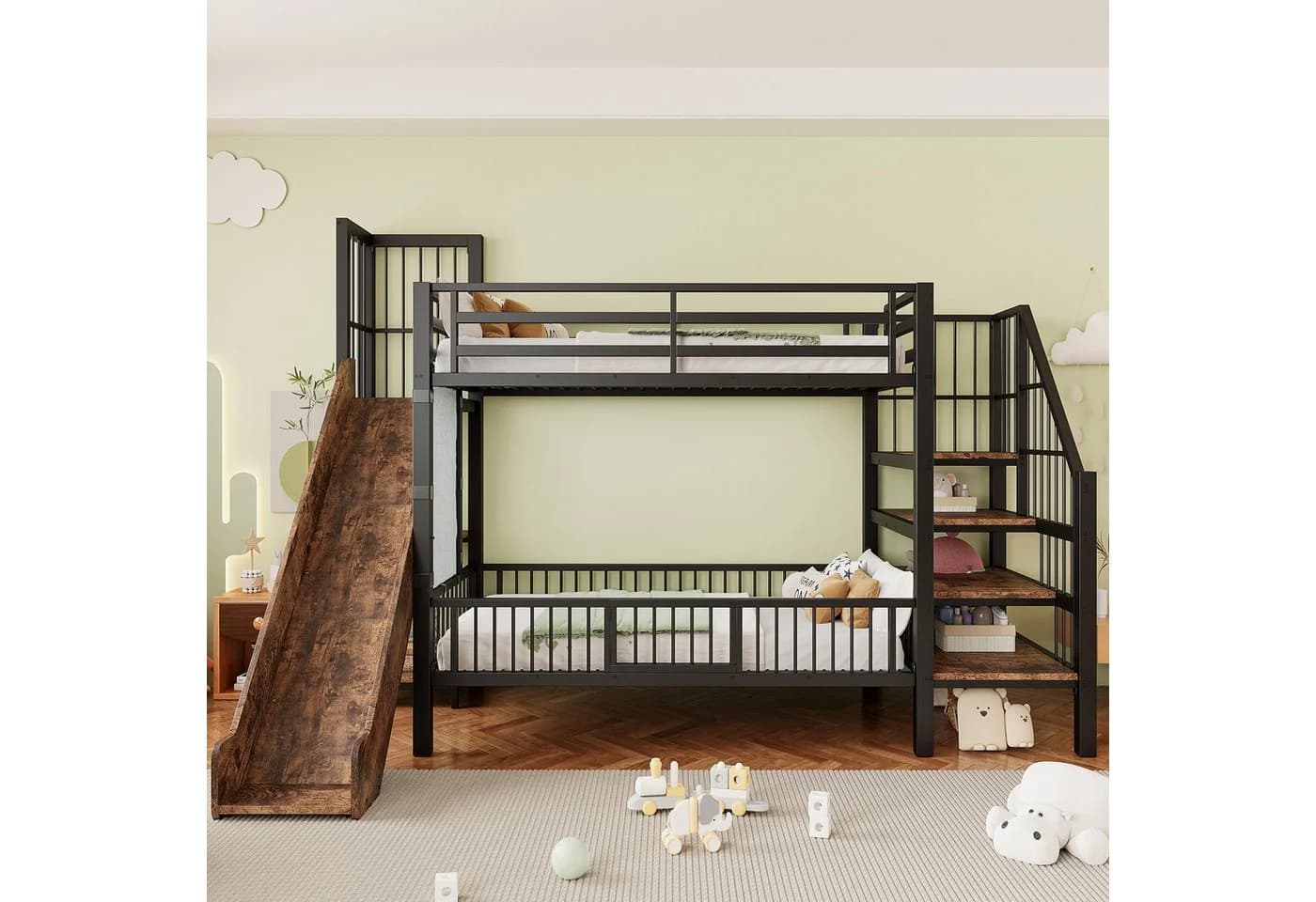 Flieks Etagenbett Schwarz mit Rutsche und Treppe