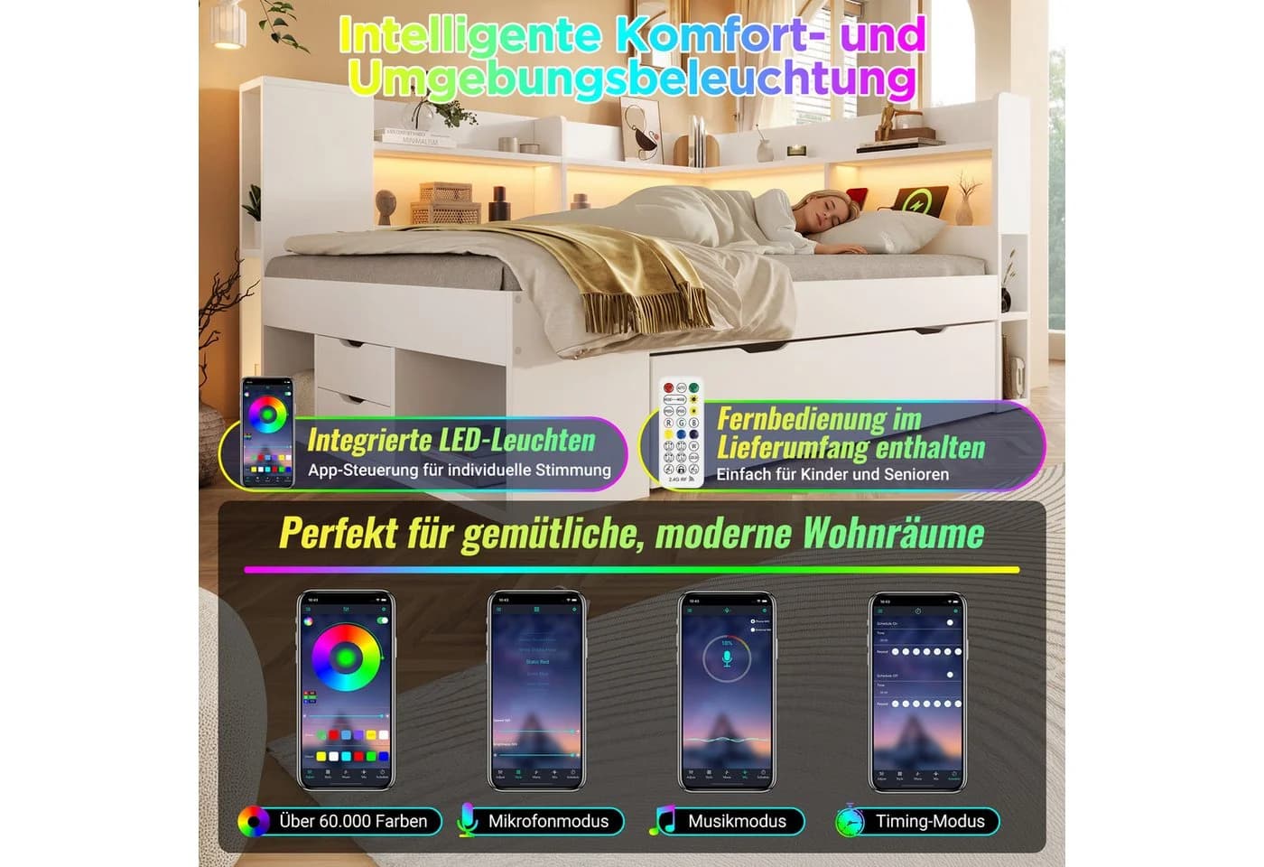 Flieks Daybett 140x200cm USB Typ-C LED Stauraumregal - Bild 5