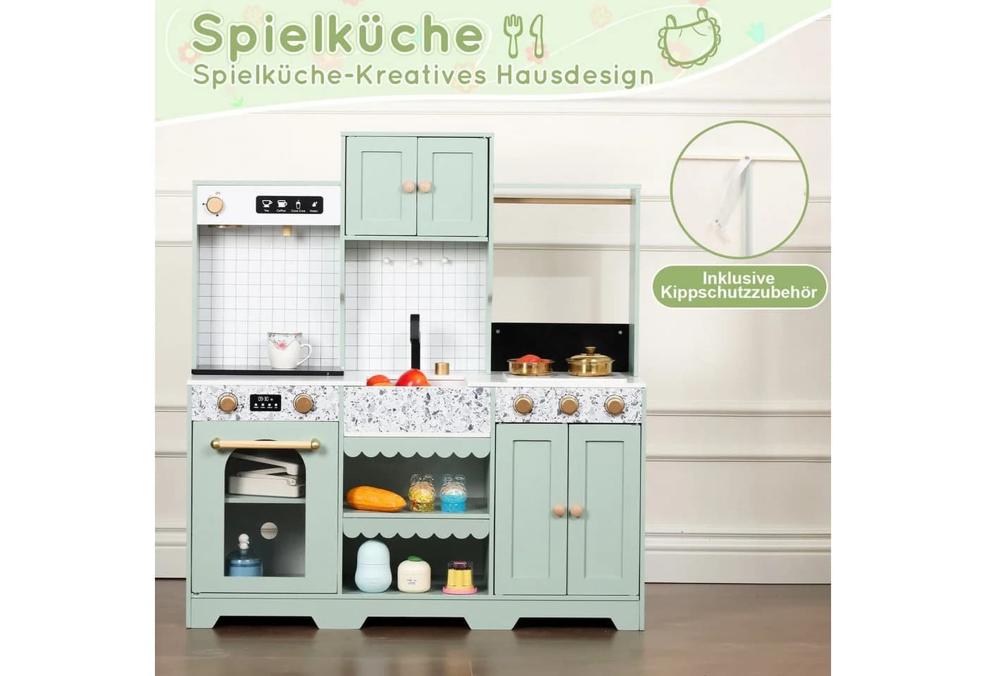 Flieks Spielküche Holz Kunststoff Grün mit Zubehör