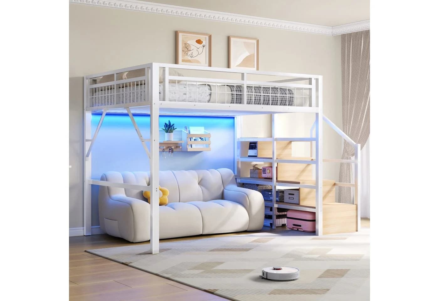 Flieks Hochbett mit LED-Lichtleiste und Stauraumtreppe in Weiß - Bild 2