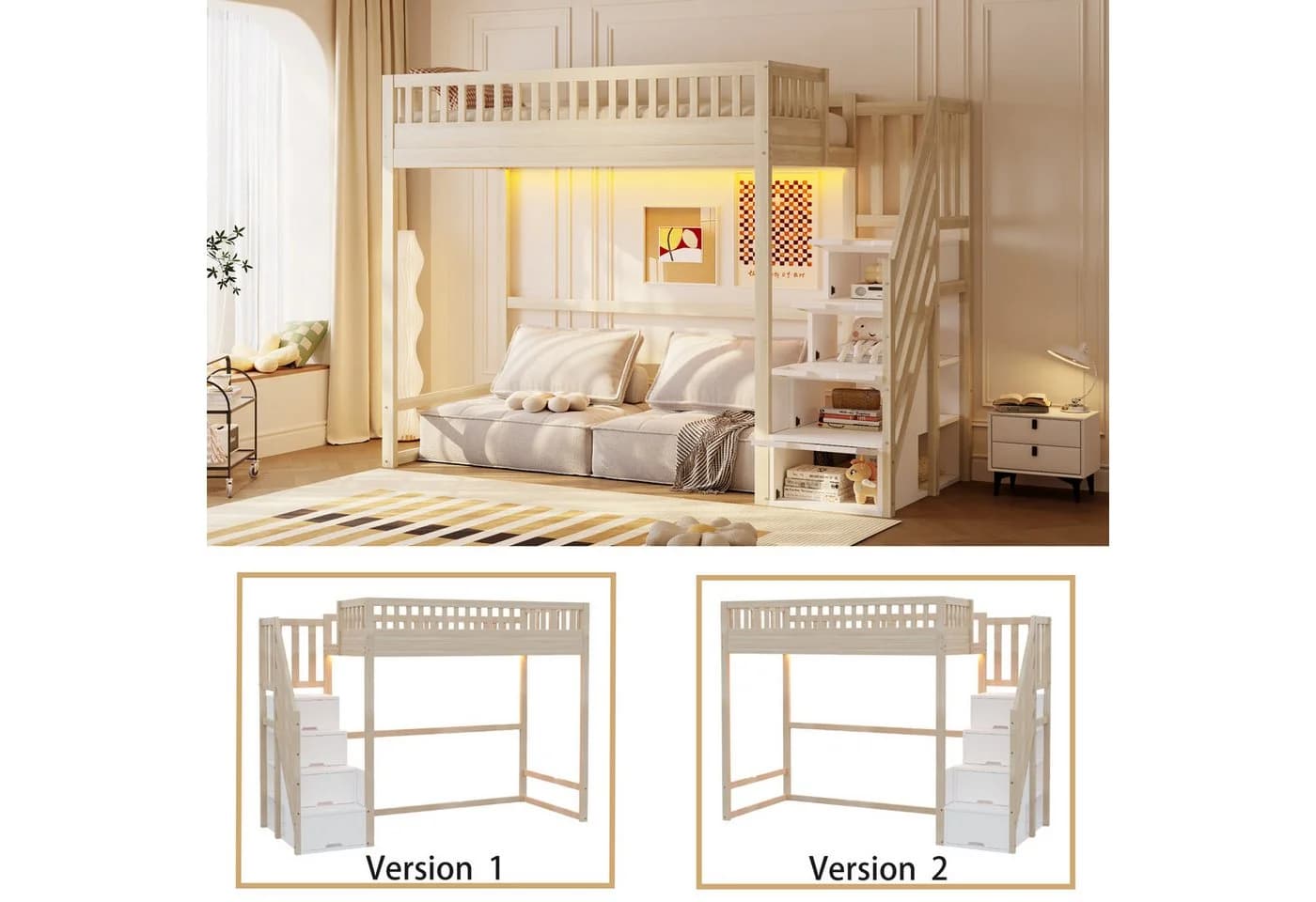Flieks Hochbett Kinderbett mit Stauraumtreppe & Lichtleiste - Bild 5