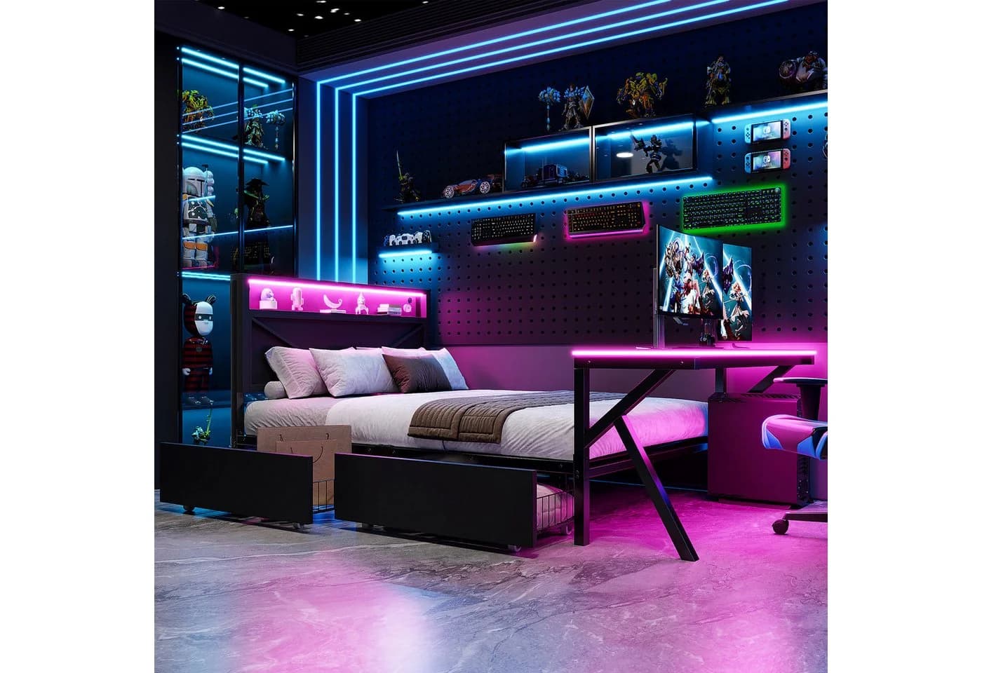 Flieks Metallbett Gamingbett Plattformbett 140x200cm mit Schreibtisch und 2 Schubladen