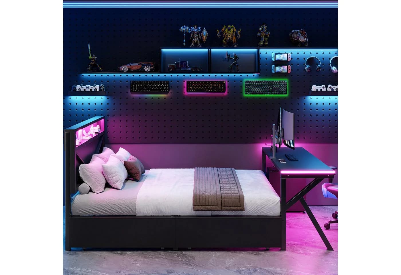 Flieks Metallbett Gamingbett Plattformbett 140x200cm mit Schreibtisch und 2 Schubladen - Bild 3