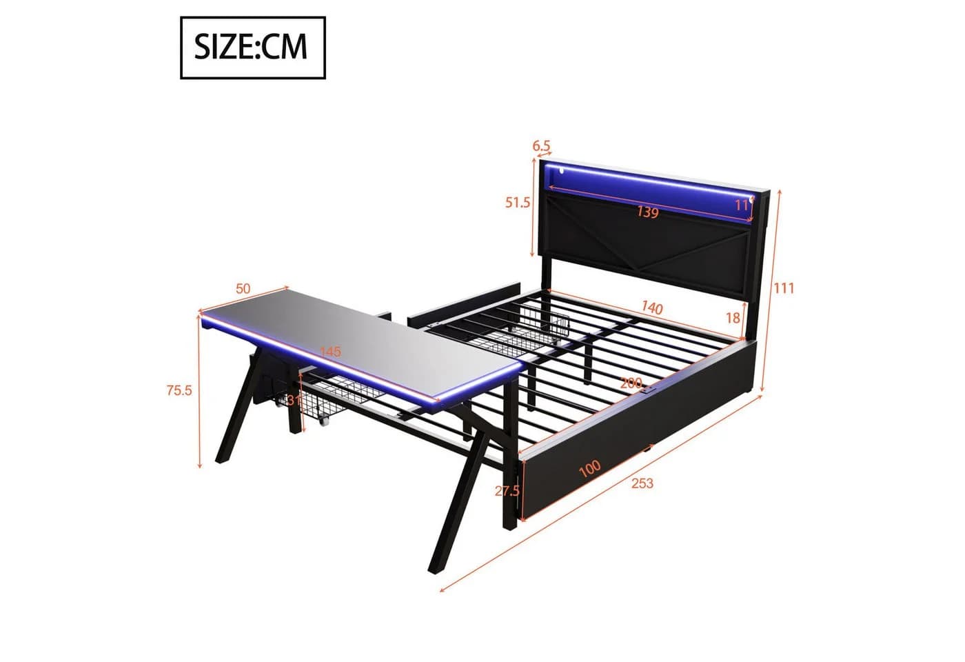 Flieks Metallbett Gamingbett Plattformbett 140x200cm mit Schreibtisch und 2 Schubladen - Bild 4