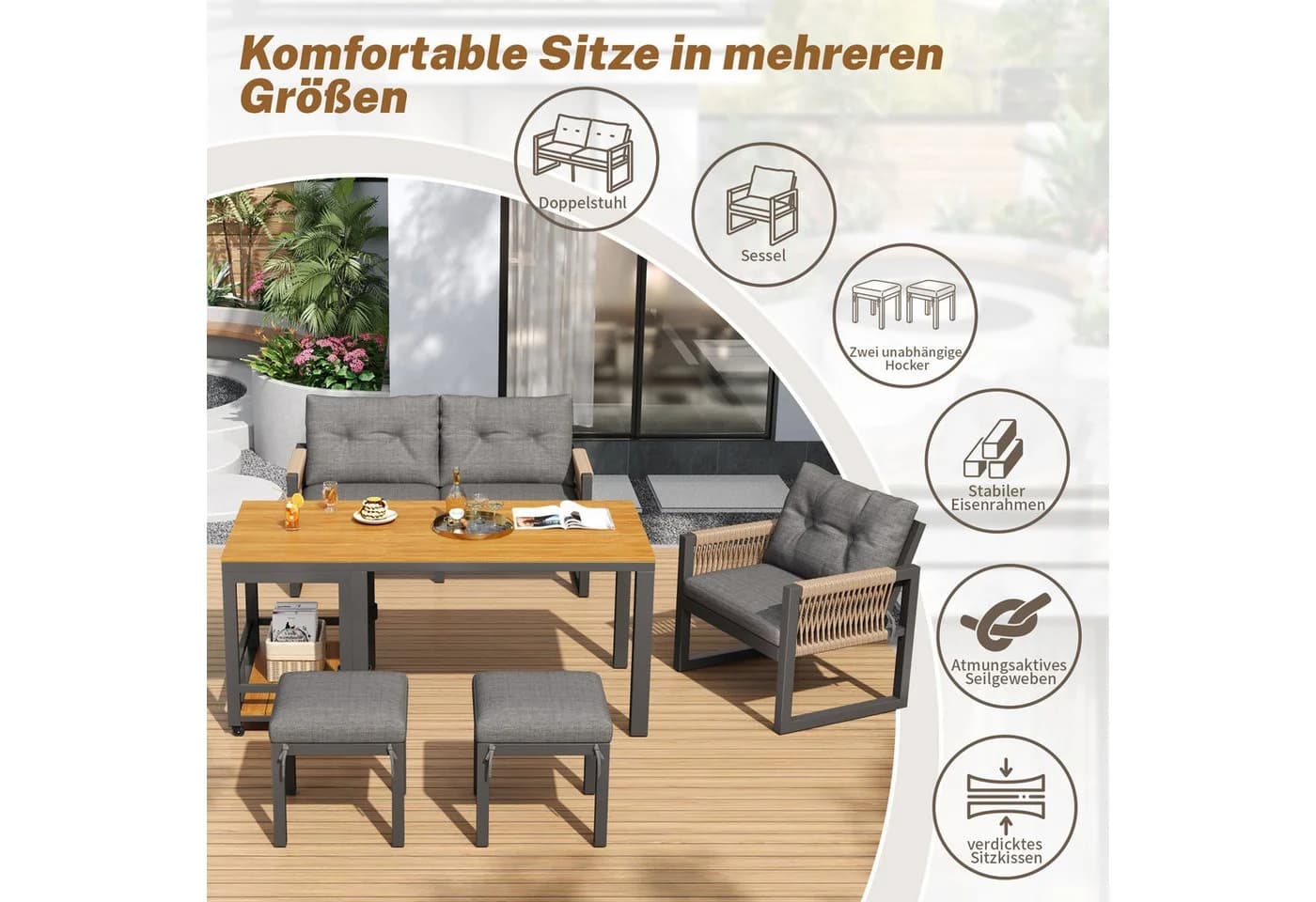 Flieks Gartenlounge-Set 6-Sitzer Grau mit abnehmbarem Tisch - Bild 5