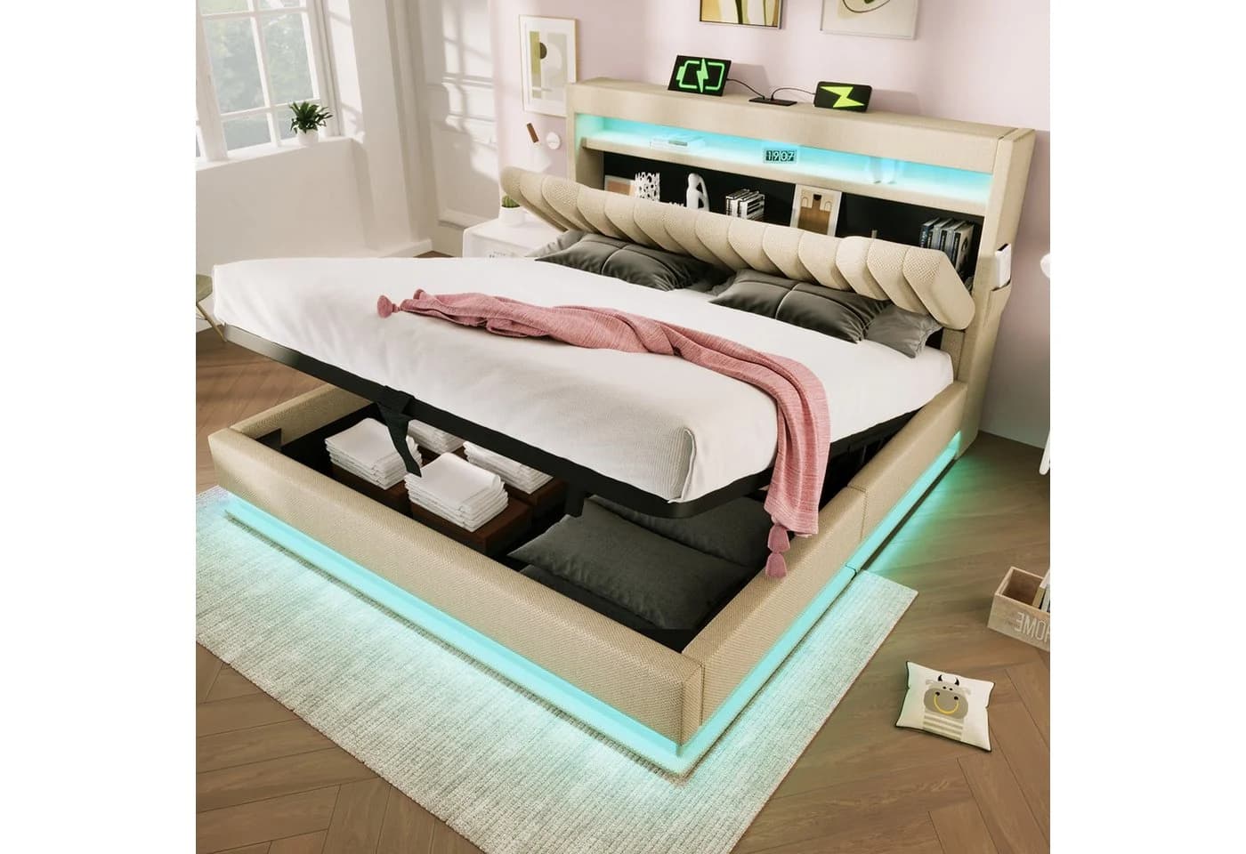 Flieks Polsterbett 140x190 mit LED, Stauraum & Ladefunktion Beige - Bild 2