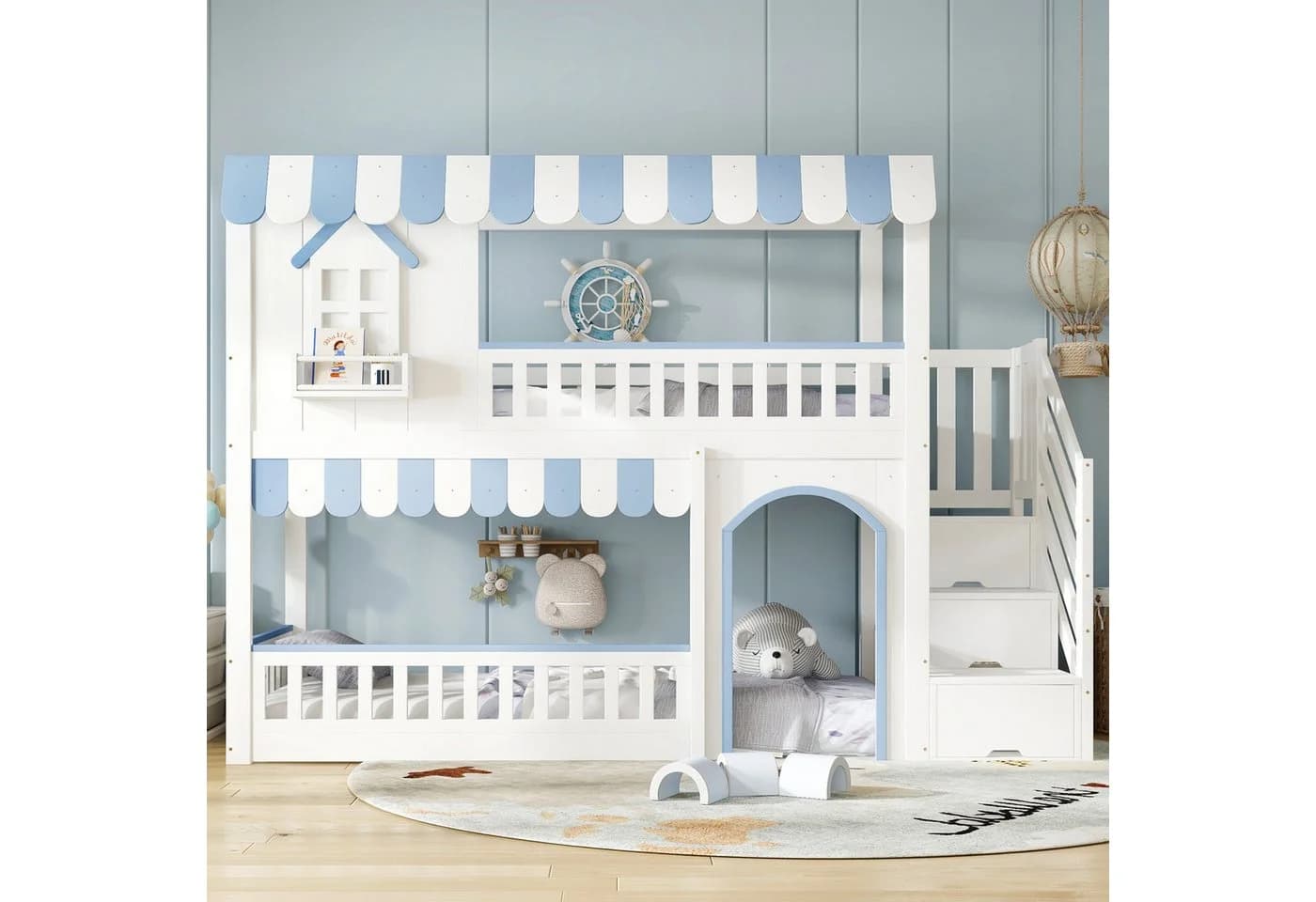 Flieks Etagenbett Kinderbett Haus-Design 90x200 Stauraumtreppe