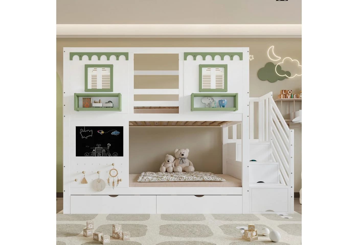 Flieks Etagenbett Kinderbett 90x200cm Weiß mit Stauraumtreppe
