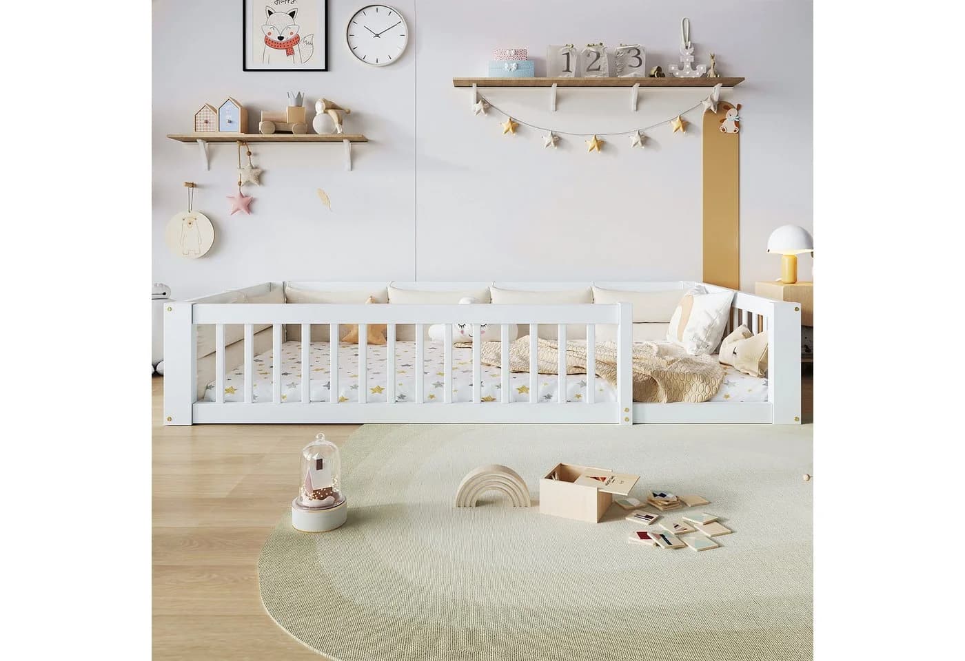 Flieks Kinderbett Bodenbett Plattformbett 90x200cm mit Gitter und Kissen
