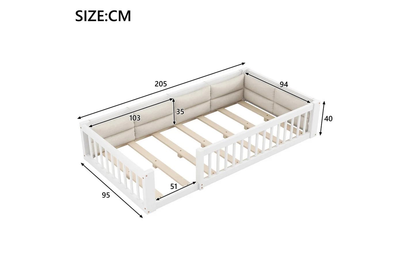 Flieks Kinderbett Bodenbett Plattformbett 90x200cm mit Gitter und Kissen - Bild 4