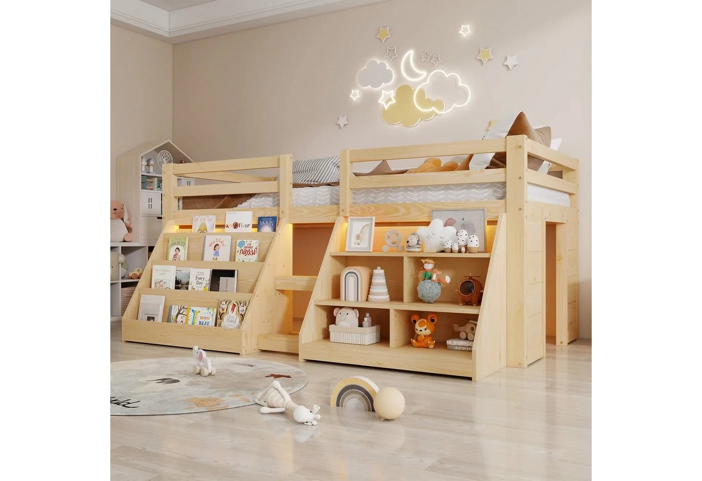 Flieks Hochbett Kinderbett mit Stauraumregal und LED - Bild 2