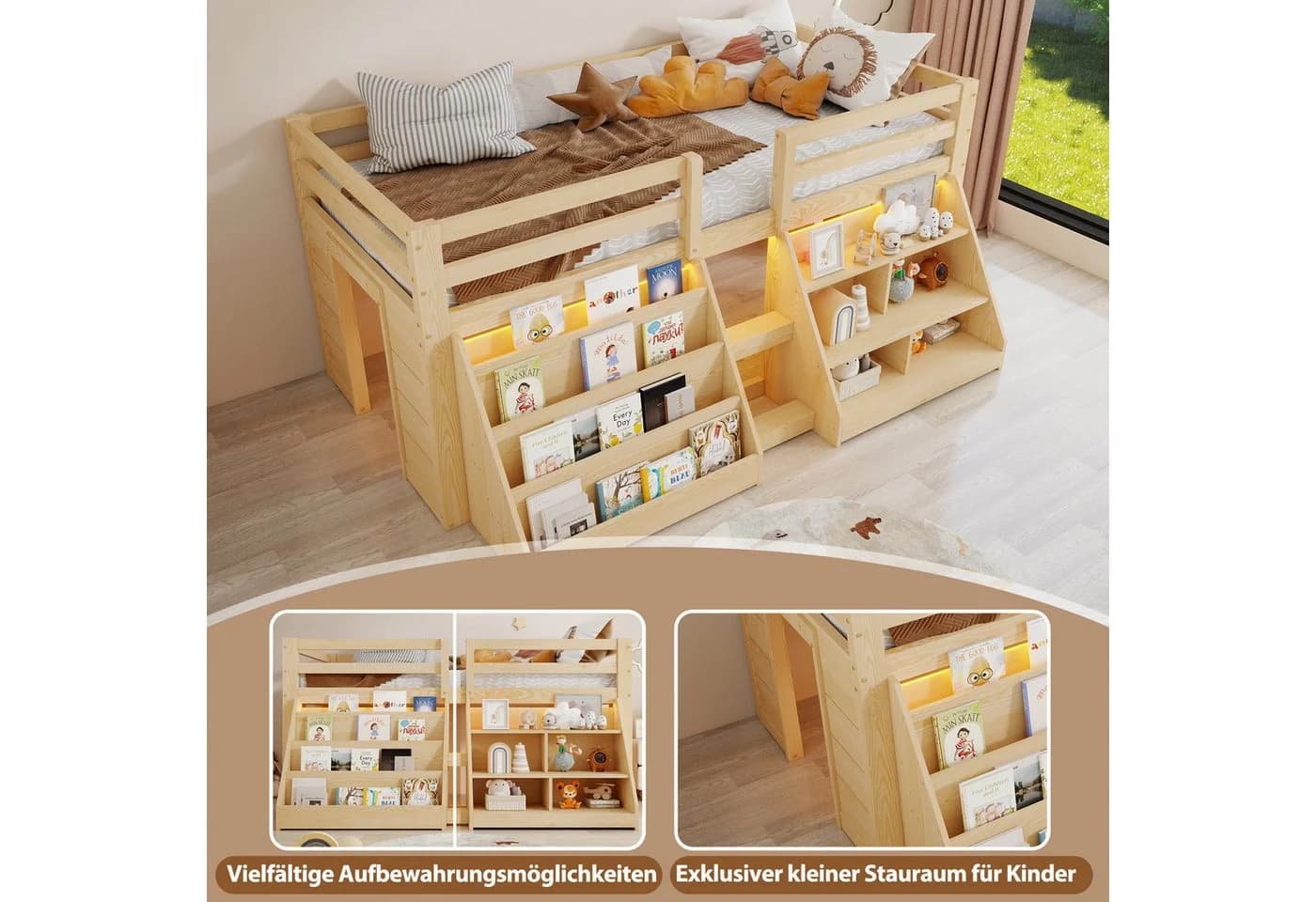 Flieks Hochbett Kinderbett mit Stauraumregal und LED - Bild 5