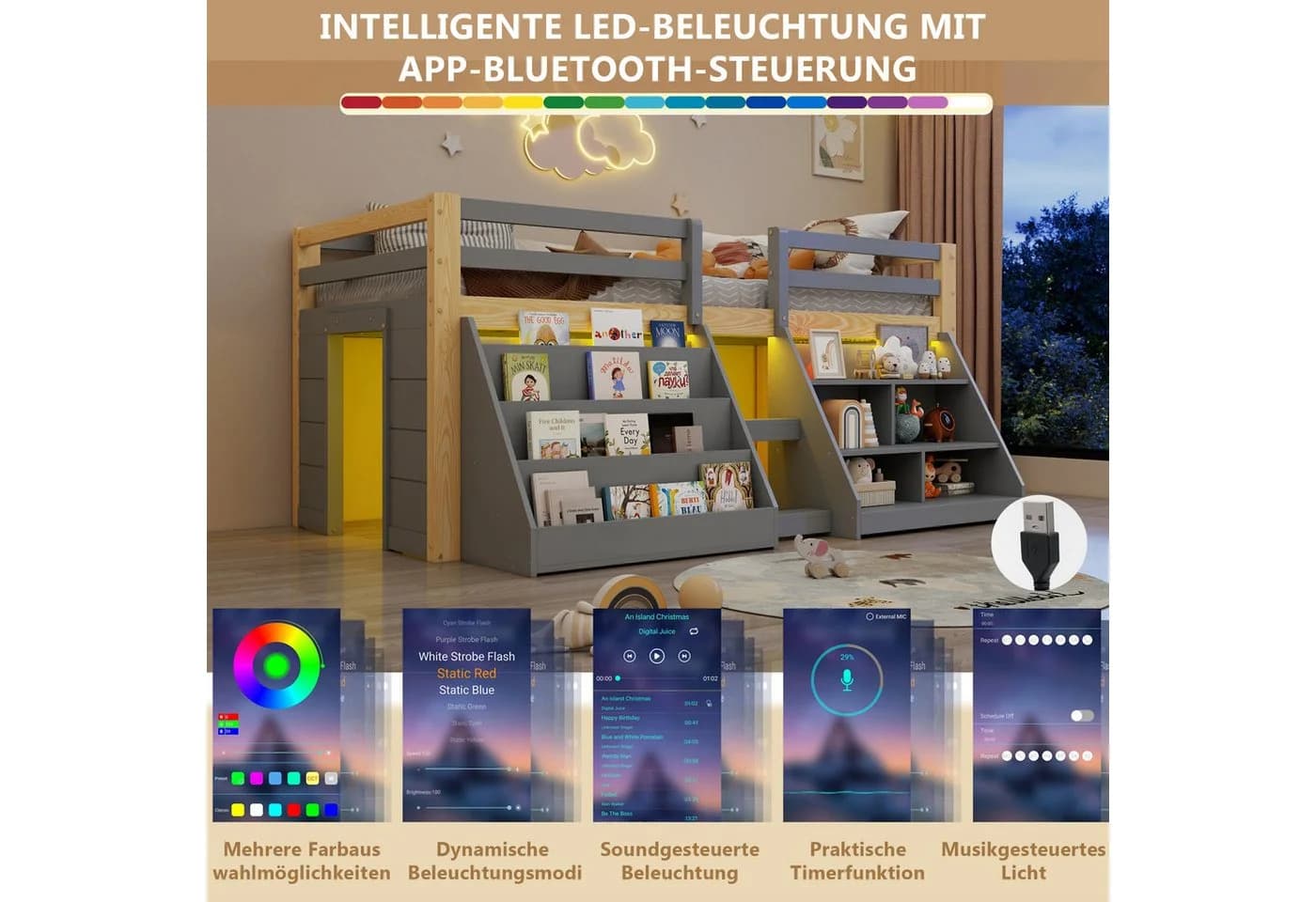 Flieks Hochbett Kinderbett Halbhochbett 90x200cm mit LED - Bild 5
