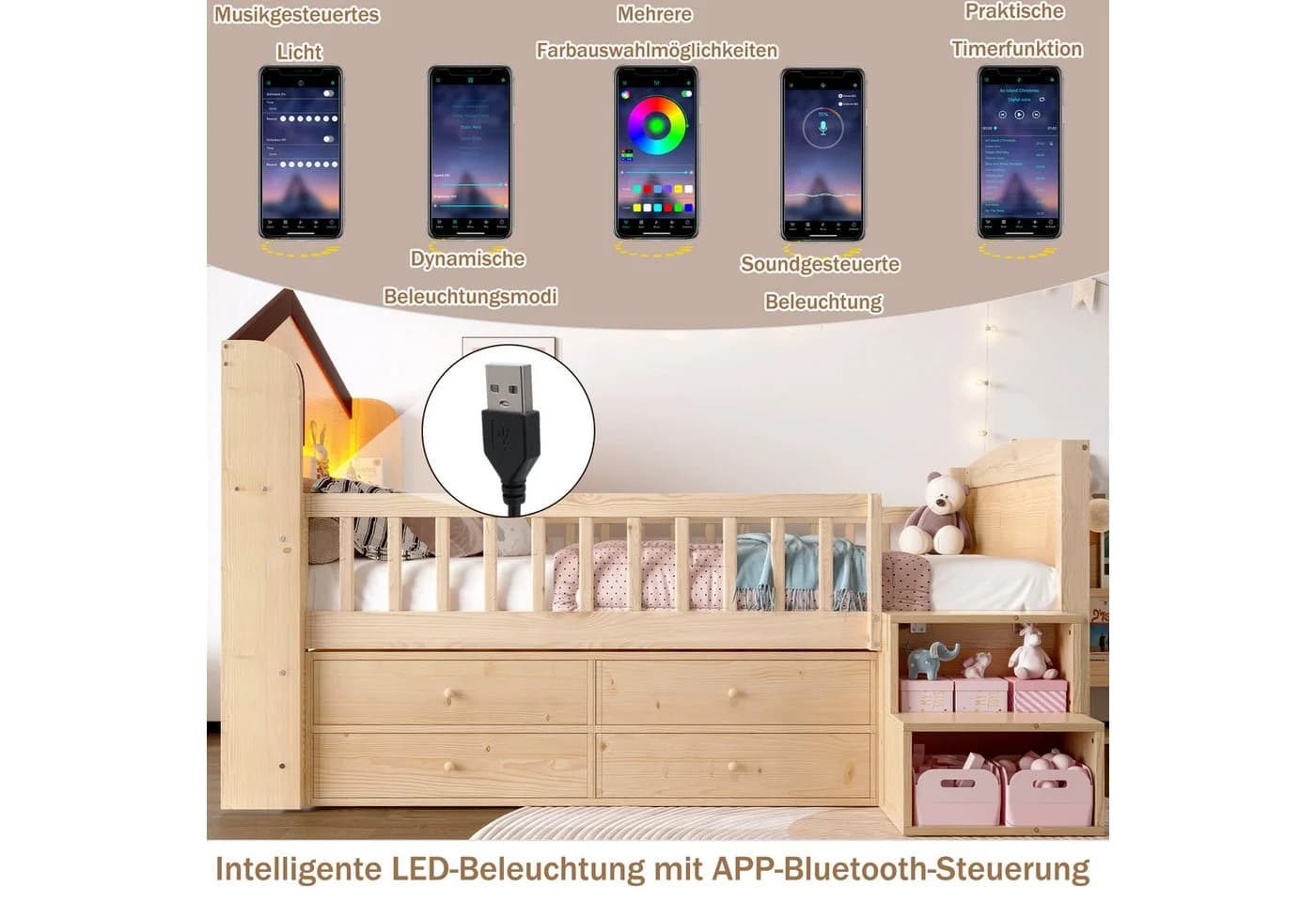 Flieks Kinderbett Halbhohes Hausbett mit LED und Schubladen - Bild 3