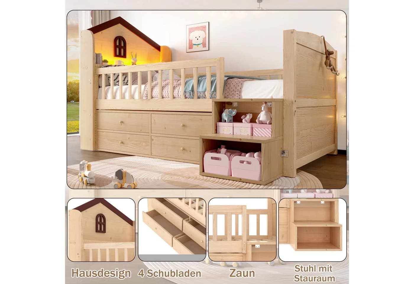 Flieks Kinderbett Halbhohes Hausbett mit LED und Schubladen - Bild 5