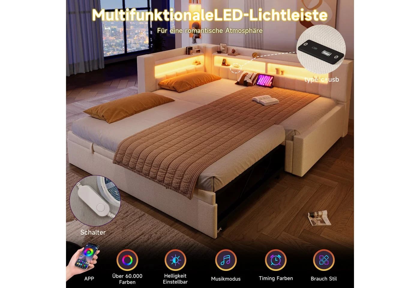 Flieks Polsterbett Daybett mit Ausziehfunktion und LED - Bild 5