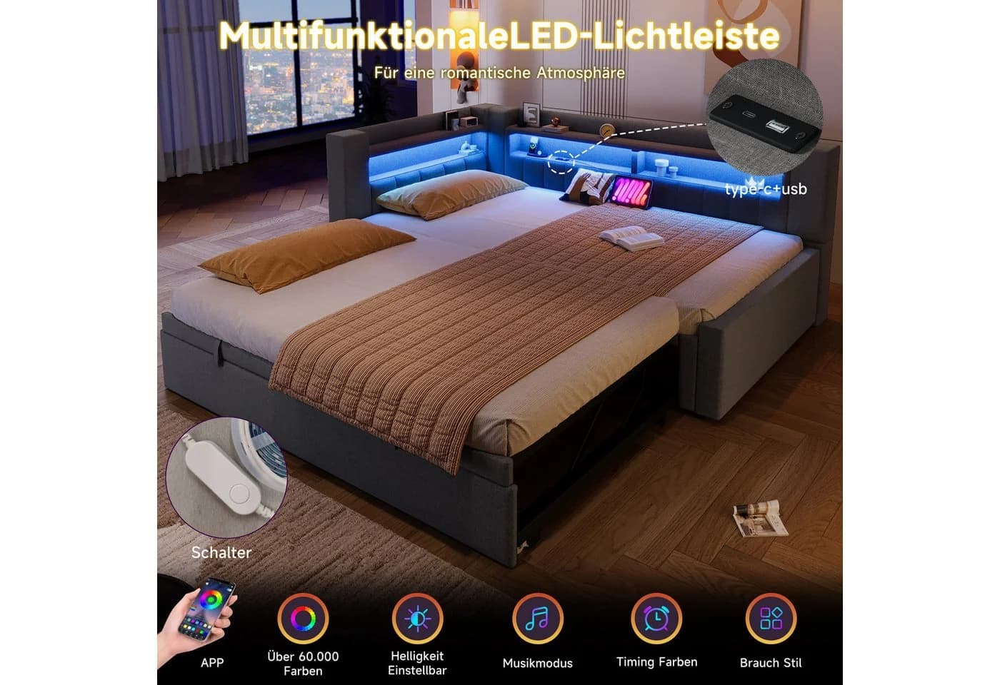 Flieks Polsterbett 90/180x200cm mit Ausziehfunktion LED-Beleuchtung - Bild 5