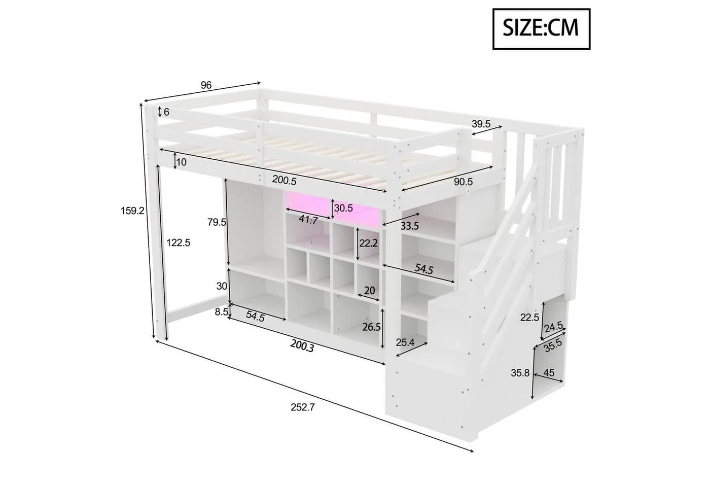Flieks Hochbett 90x200 mit Stauraum und LED-Beleuchtung Weiß - Bild 5