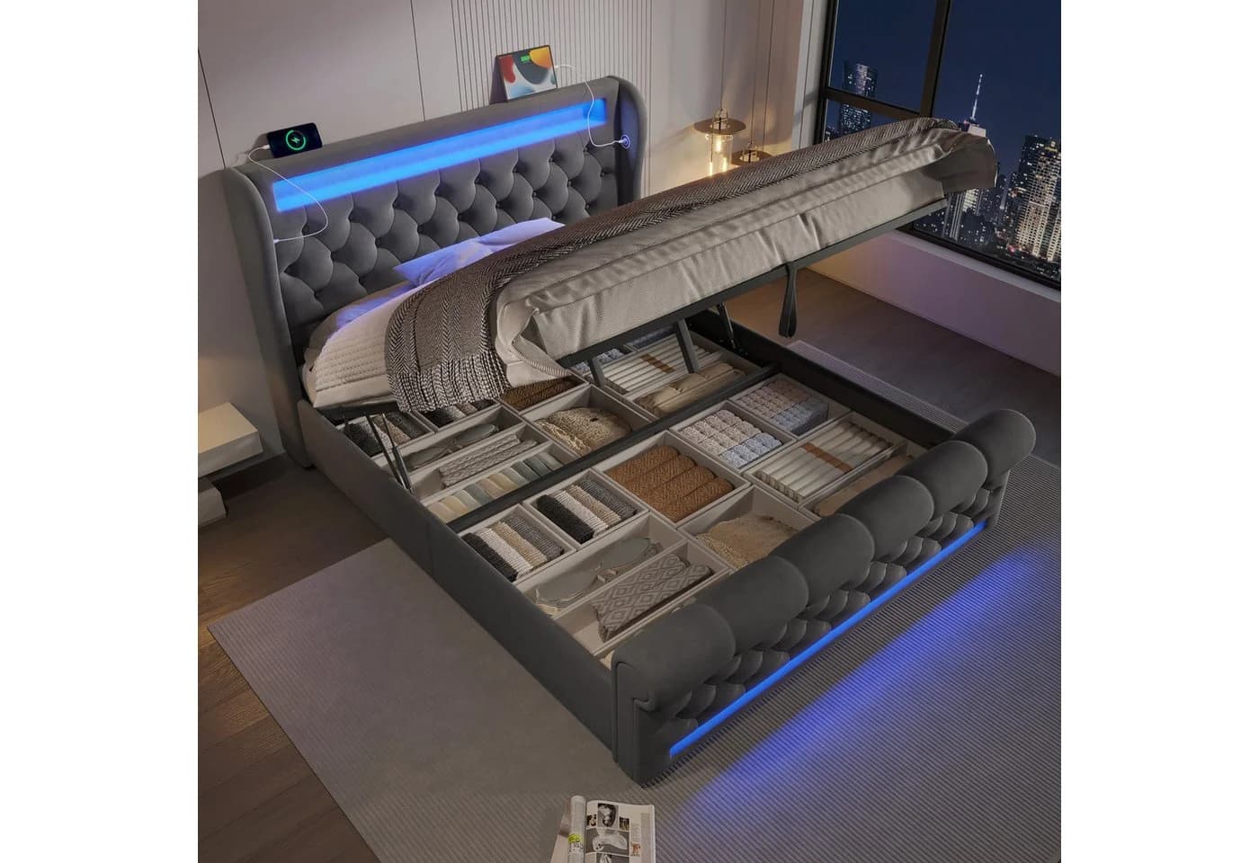 Flieks Polsterbett Hydraulisches Stauraumbett 140x190cm mit LED Beleuchtung USB Typ-C - Bild 3