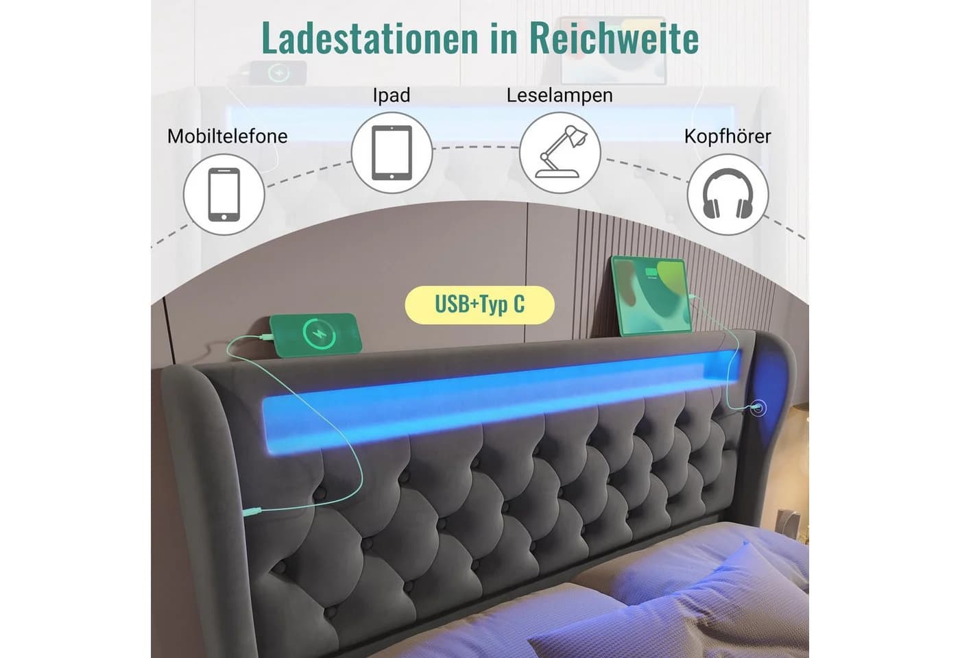 Flieks Polsterbett Hydraulisches Stauraumbett 140x190cm mit LED Beleuchtung USB Typ-C - Bild 5