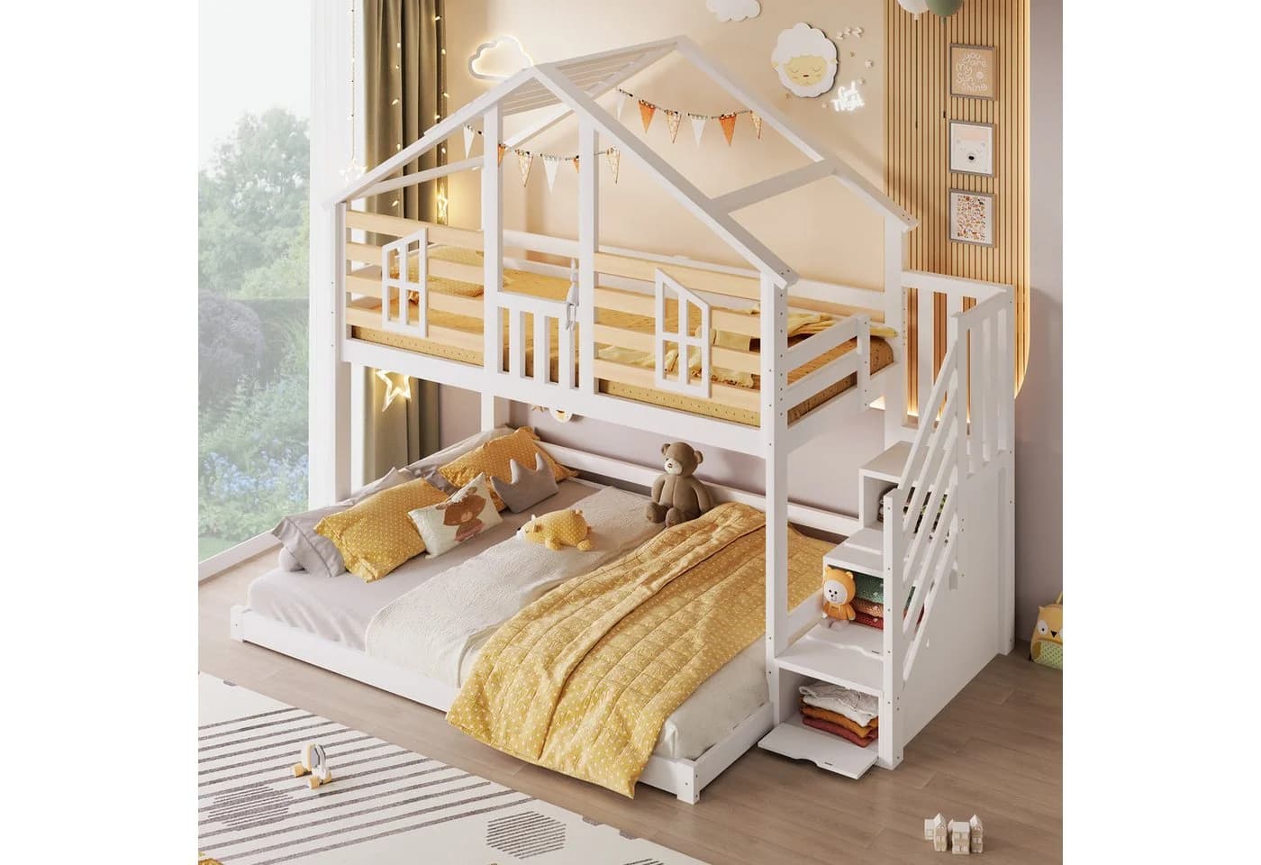 Flieks Etagenbett Hausdesign Kinderbett mit Stauraumtreppe