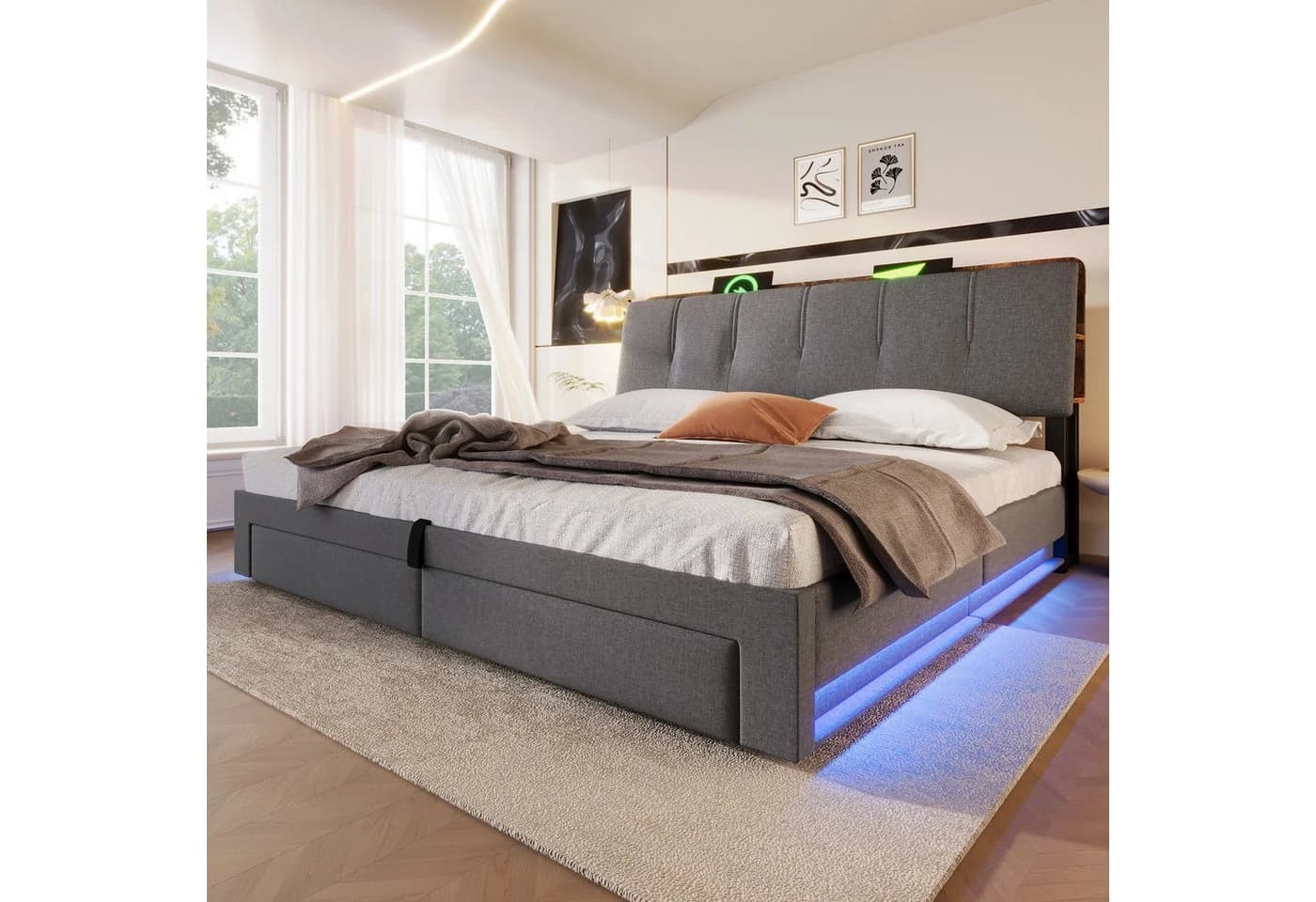 Flieks Polsterbett mit LED-Beleuchtung und Stauraum