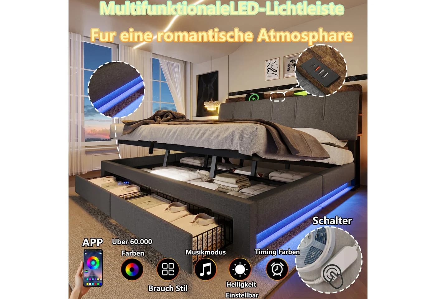 Flieks Polsterbett mit LED-Beleuchtung und Stauraum - Bild 3