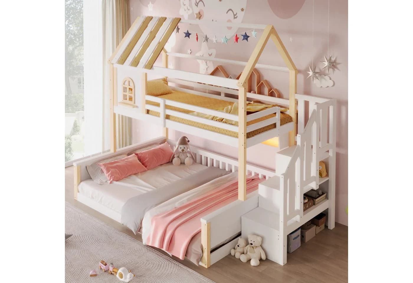 Flieks Etagenbett mit LED-Lichtleiste und Stauraumtreppe