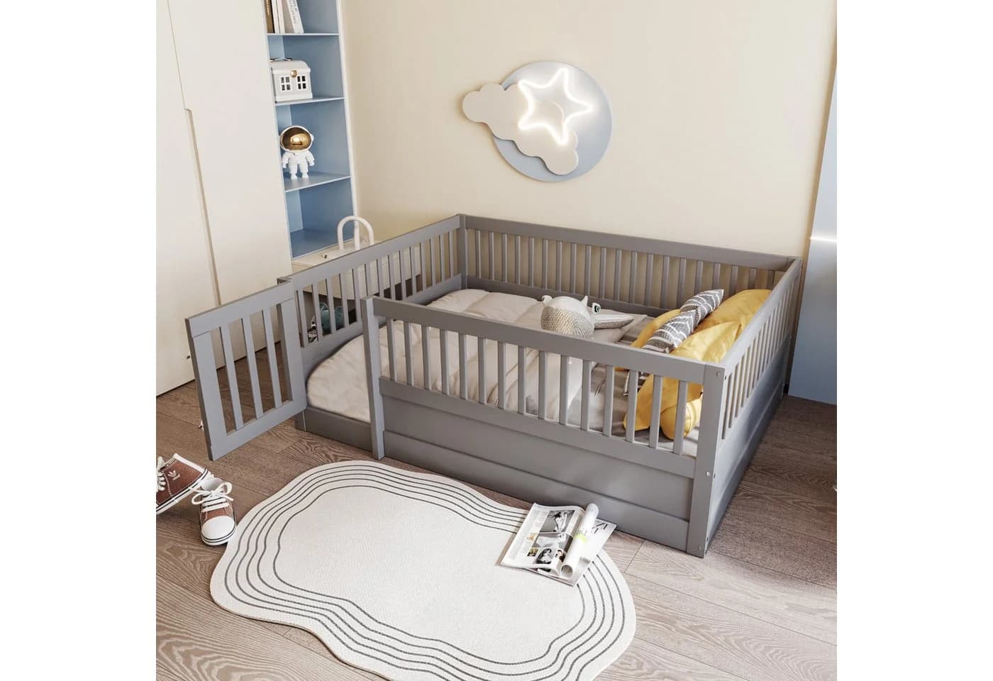Flieks Kinderbett Holzbett Bodenbett Grau mit Zaun und Tür - Bild 2