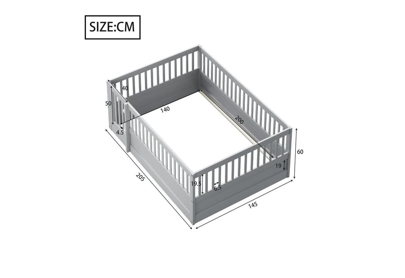 Flieks Kinderbett Holzbett Bodenbett Grau mit Zaun und Tür - Bild 4