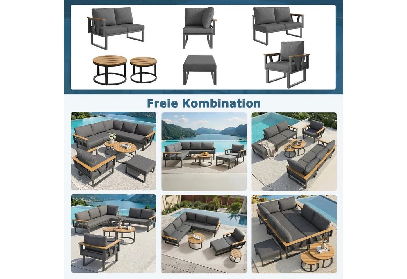 Flieks Gartenlounge-Set 7-Sitzer Metall mit 2 Couchtischen - Bild 5