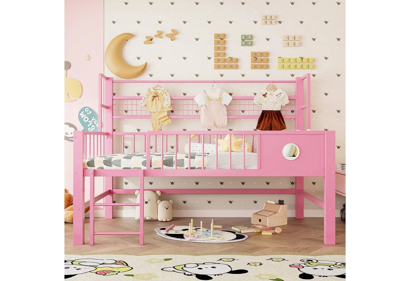 Flieks Kinderbett Rosa Metallbett 90x200cm mit Kleiderstange