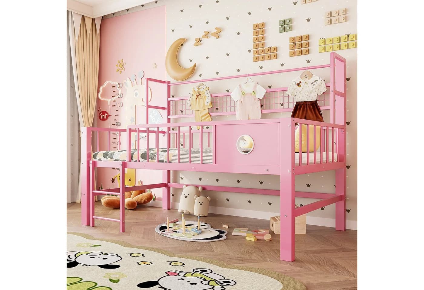 Flieks Kinderbett Rosa Metallbett 90x200cm mit Kleiderstange - Bild 2
