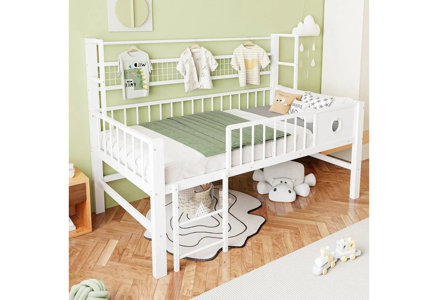 Flieks Kinderbett Hochbett Metall weiß mit Netzregal und Kleiderstange - Bild 3