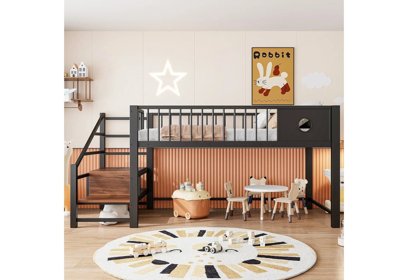 Flieks Kinderbett Hochbett Metall Schwarz mit Stauraum