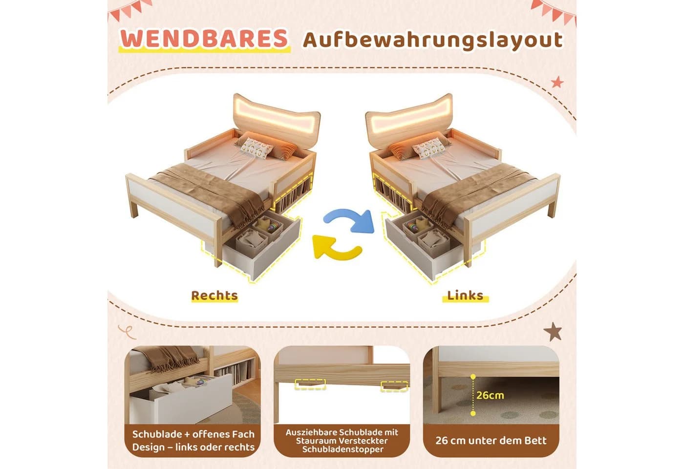 Flieks Kinderbett 90x200 cm mit LED-Beleuchtung & Schublade - Bild 5