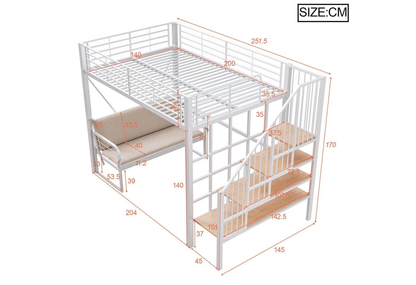Flieks Hochbett Metall 140x200 mit Polstersofa & Stauraumtreppe - Bild 5