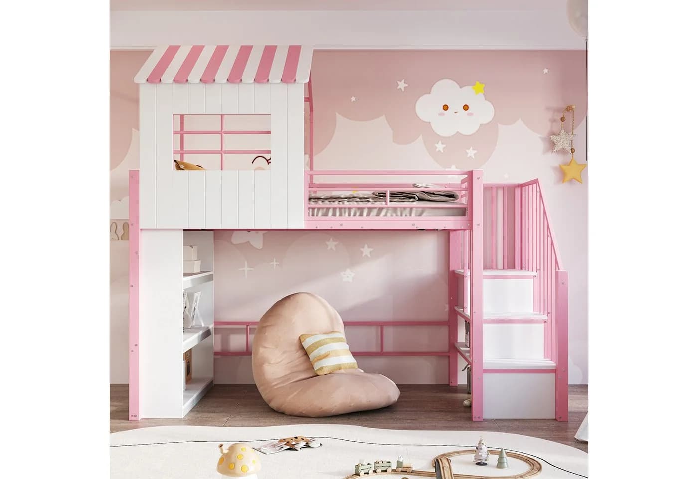 Flieks Hochbett Kinderbett Metall 90x200cm mit Regal & Treppe