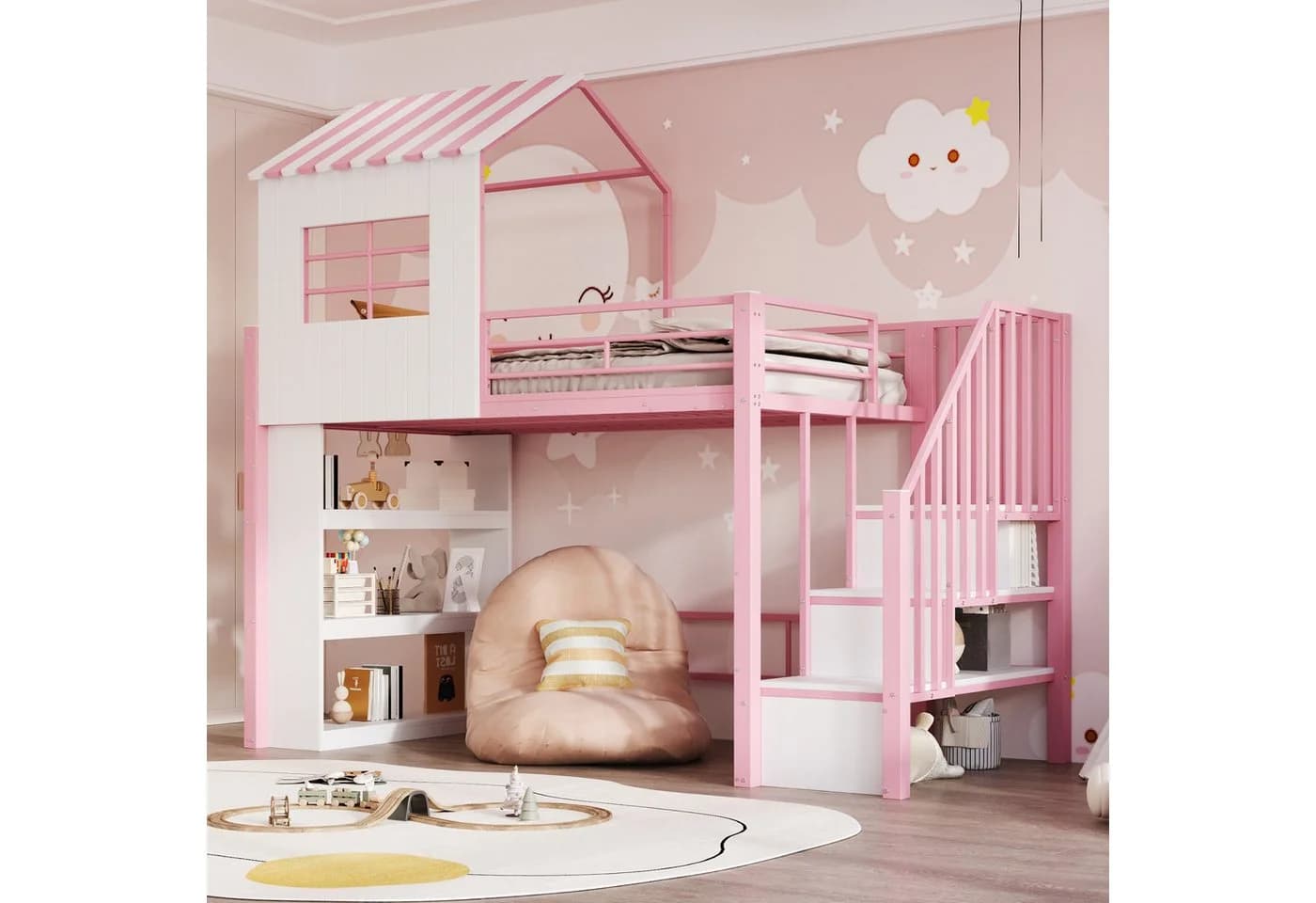 Flieks Hochbett Kinderbett Metall 90x200cm mit Regal & Treppe - Bild 2