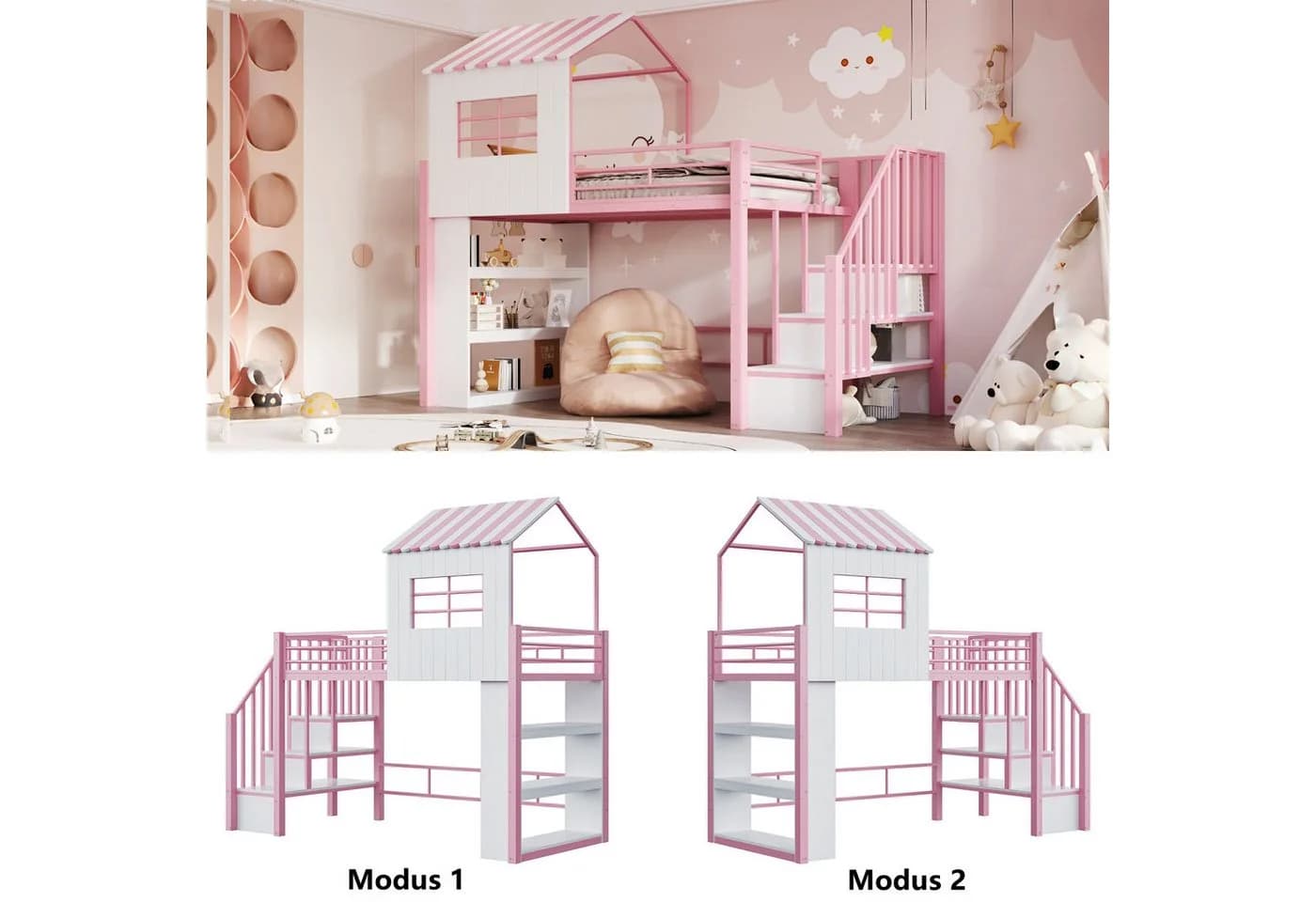 Flieks Hochbett Kinderbett Metall 90x200cm mit Regal & Treppe - Bild 4